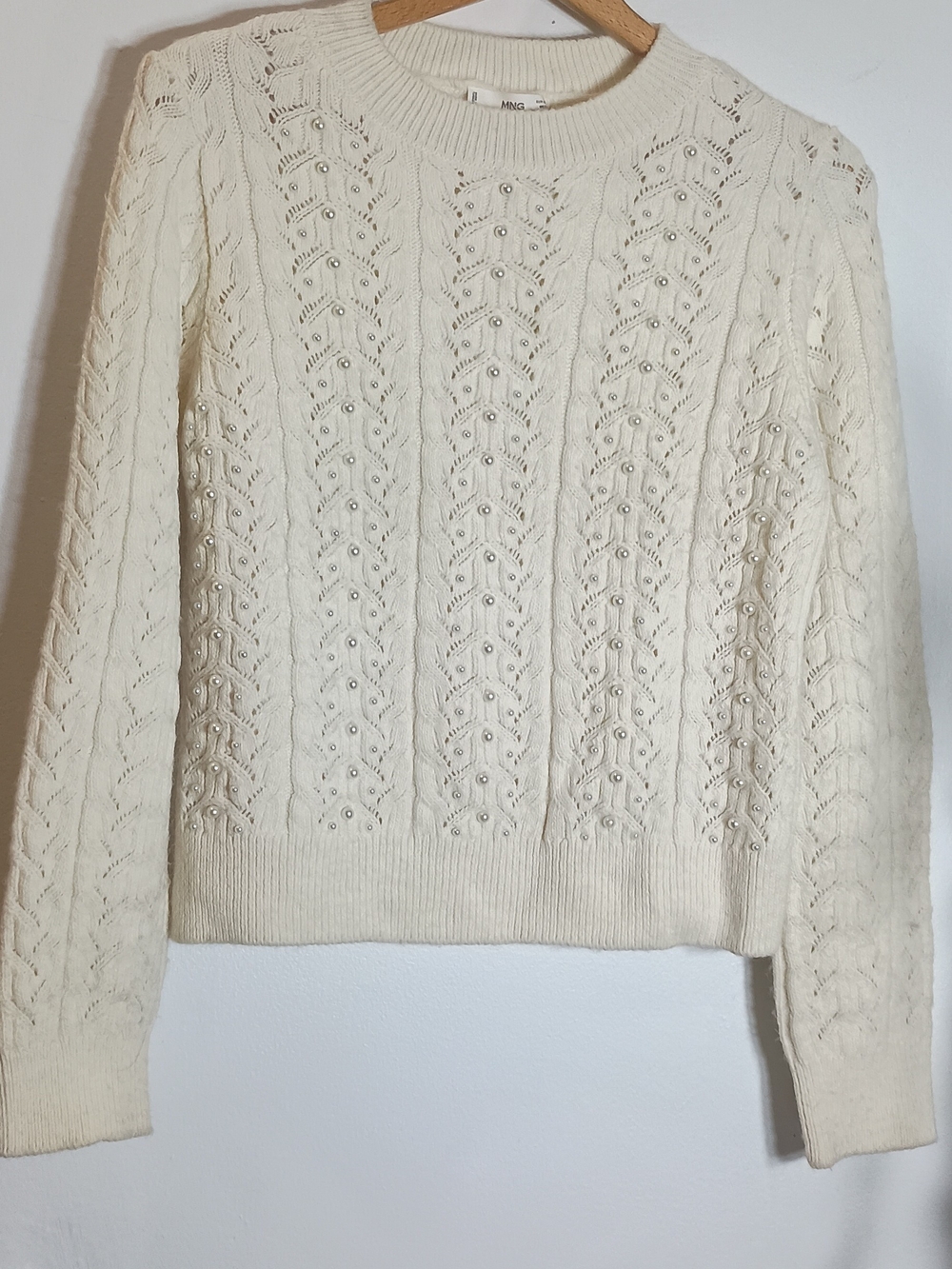 Mango Ivory Cable-Knit Crew Sweater with Pearl Bead Detail